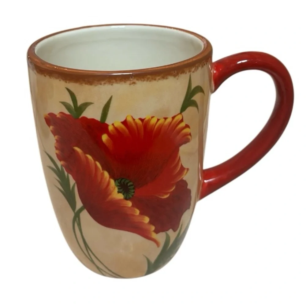 Pier 1 Poppies Mug 4 Piece Set Hand Painted Earthenware Replacements Red Floral